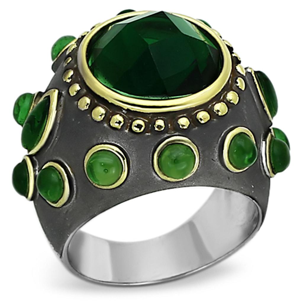 JCEA881 Reverse Two-Tone Brass Ring with Synthetic Synthetic Glass in Emerald