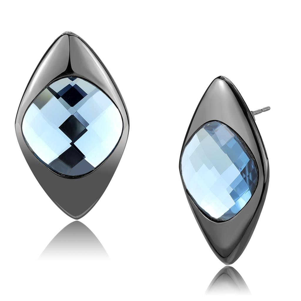 JCE3494 IP Light Black  (IP Gun) Stainless Steel Earrings with Synthetic Synthetic Glass in Light Sapphire